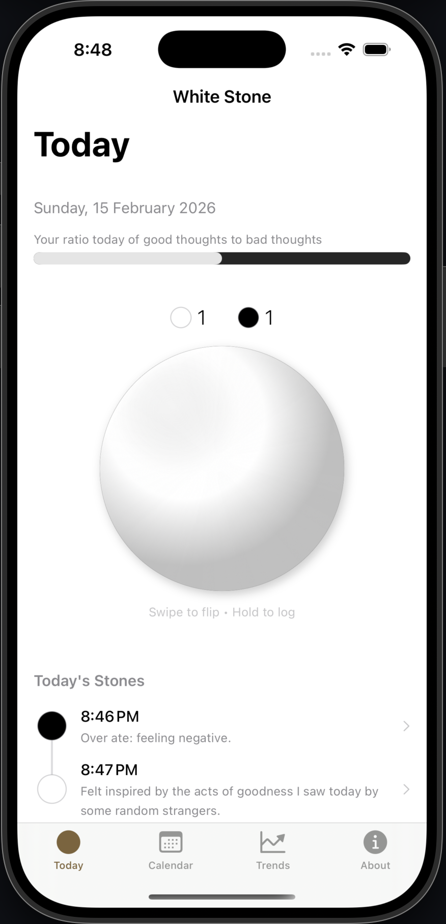 app screen of White Stone, showing a single white stone on the first screen